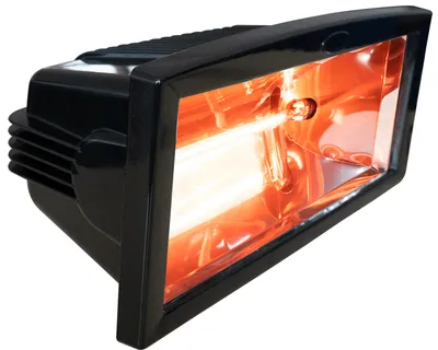 A black infrared heater with a glowing orange heating element, shown from a three-quarter angle against a white background.