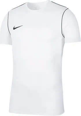A white t-shirt with black trim and a black Nike logo.