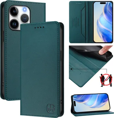Produktbild von Lederhülle für iPhone 16 Pro Hülle Flip Brieftasche Kartenfächern Ständer Schutzhülle Dunkelgrün
