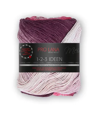 A ball of yarn with a gradient of colors from dark purple to pink to white.