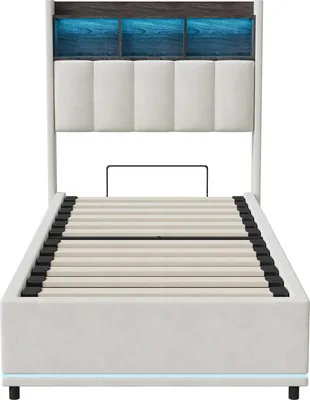 Image de Lit rembourré à système hydraulique - Lit double 140 x 200 cm - Coffre de rangement à système de levage - Tête de lit avec éclairage LED et port de recharge USB - Revêtement en velours
