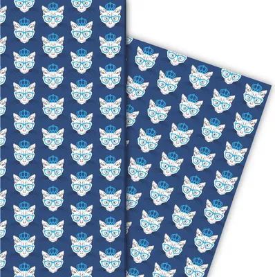 Produktbild von Cooles Katzen Geschenkpapier mit Hippster Krone und Brille in blau - G6347, 32 x 48cm