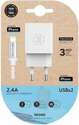 Produktbild von Tech One Tech Wall Charger TEC2402/ 2xUSB + Lightning Cable/ 12W/ White