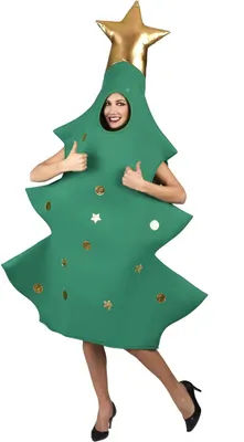 A woman wearing a green Christmas tree costume with gold star on top and gold ornaments on the costume.