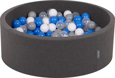 Zdjęcie produktu dla KiddyMoon suchy basen okrągły z piłeczkami 7cm ciemnoszary: szary-biały-niebieski-transparent 90x30cm/200piłek zabawka basen piankowy