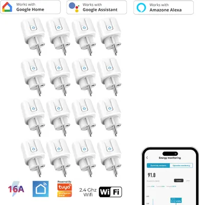 A collage of smart plugs with compatibility logos and a smartphone app interface.