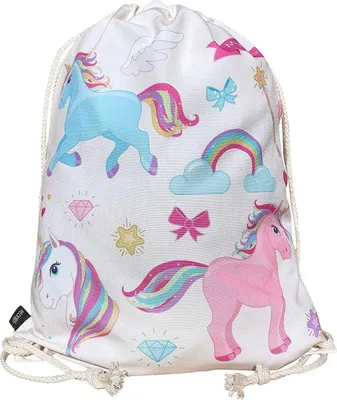 Zdjęcie produktu dla Worek gimnastyczny HECKBO Unicorn (beżowy) - obustronnie zadrukowany kolorowymi jednorożcami - 40x32cm - odpowiedni do uprawiania sportu, szkoły, wypoczynku, przedszkola, żłobka, podróży - dla dzieci, kobiet, dziewcząt