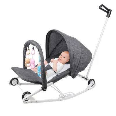 Image de Balançoire bébé Transat avec roulettes et poignée de poussée Dossier à 4 positions Gris