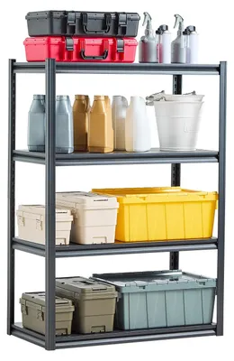 Obrázek produktu pro Úložný regál, černý – regál – regálová skříň – regál do garáže – skladový regál – 4 nastavitelné police