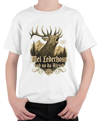 Immagine prodotto di Maglietta bianca per bambini, marca Mei Lederhosn, modello "Hirsch Bayern Lederhose Alpen", taglia 128
