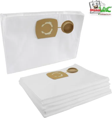 A stack of white vacuum cleaner bags and one bag shown individually, with a logo in the top right corner.