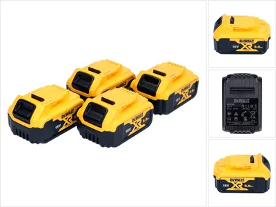 A collage of DeWalt 18V XR Li-Ion battery packs and a charger.