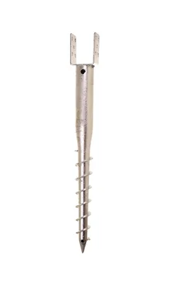 A single metal screw anchor for posts, with a U-shaped bracket at the top.