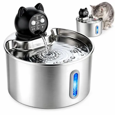 Produktbild von Wasserbrunnen 2,2 L, Katzenbrunnen aus 304 Edelstahl, Katzen Trinkbrunnen mit Mehrfachfilter, Hoher Auslauf, Wasserstandsanzeige