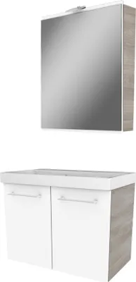 Produktbild von FACKELMANN LIMA Badmöbel Set 3 Teile / Gussmarmor Waschbecken / Waschbeckenunterschrank mit 2 Türen / LED Spiegelschrank / Badschrank mit Soft-Close / Korpus: Braun hell / Front: Weiß / Breite: 60 cm