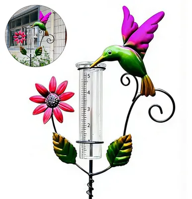 Produktbild von Regenmesser Garten mit Metallständer und Erdspieß, frostbeständig, bunt, 119 cm hoch, für Rasen, Terrasse & Balkon, Geschenk für Gartenliebhaber