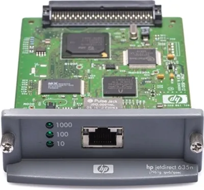 Produktbild von HP Jetdirect 635n, Grün, Grau, 32 MB, 8 MB, Ethernet-LAN, IEEE 802.3, IEEE 802.3ab, IEEE 802.3u, 10,100,1000 Mbit/s