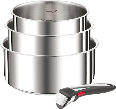 Produktbild von 3-teiliges Kochtopf-Set, abnehmbarer Griff, ofenfest bis 250 °C ohne Griff, für alle Herdarten geeignet, auch Induktion, Edelstahl, 16/18/20 cm