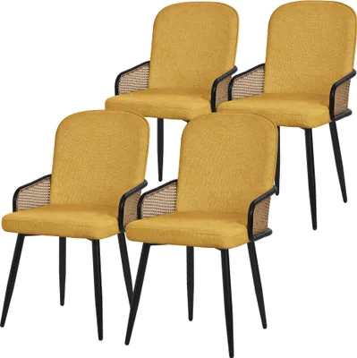 Obrázok produktu pre ML-Design jedálenské stoličky sada 4 kuchynských stoličiek čalúnených horčicovou látkou s podrúčkami v ratanovom vzhľade Čalúnené stoličky s kovovými nohami Ergonomické kreslo