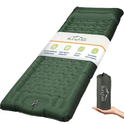 Produktbild von Isomatte Ultraleicht 12cm dick, faltbar mit integrierter Fußpumpe & Kissen – vielseitig einsetzbar als Camping Matratze, Isomatte Faltbar, Schlafmatte, Auto Matratze & Luftmatratze Camping Grün