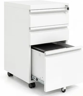 Productafbeelding van Rolcontainer met 3 afsluitbare lades en 5 wielen, archiefkast met potloodhouder en verstelbare hangmaprek, mobiele kantoorkast, hangmaparchief voor A4/Legal/Letter (wit)