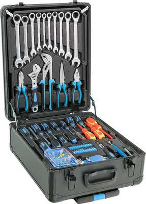 An open tool case filled with various tools.