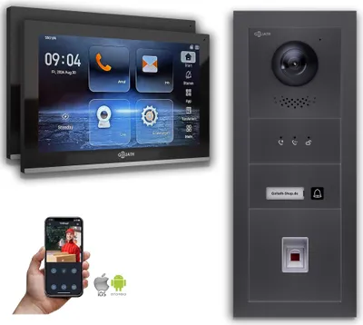Produktbild von Goliath IP Video Türsprechanlage mit Kamera 10-Zoll Fingerprint Anzeige Anthrazit : 2 Monitore : 10 Zoll Schwarz : Aufputz Dose Monitor Anzahl: 2 Monitore Monitor Farbe: 10 Zoll Schwarz Montage: Aufputz Dose