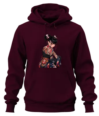 Produktbild von Anime Manga Tattoo Girl Japan Yakuza Oni Y2K Streetwear Hoodie Kapuzenpullover, Burgundy, XL