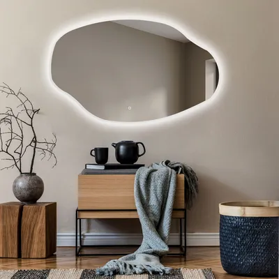 Produktbild von Unregelmäßiger asymmetrischer Spiegel mit LED Beleuchtung 114x74 cm - mit LED Beleuchtung - LED Farbe Kaltweiß 7000K - Individuell Nach Maß - Beleuchtet Wandspiegel Lichtspiegel Badezimmerspiegel - Sensor Schalter - OBK221