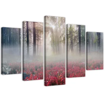 Produktbild von 5-teiliges leinwandbild nebel über einer lichtung 150x100 cm Feeby rot wandbild bereit zum aufhängen
