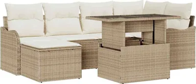 Imagen del producto de Conjunto de sillones de jardín con cojines, 7 piezas, color beige, fabricado en polirratán