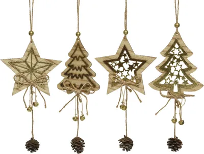 Produktbild von Christbaumschmuck Sterne / Tannenbäume 22x12cm Holz 4er Set braun