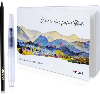Produktbild von int!rend Aquarellpapier A5 300g/m² - 40 Seiten A5 Aquarellpapier Block mit Wassertankpinsel & Bleistift - Aquarell Papier Blanko - Aquarellblock A5 -