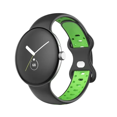 A smartwatch with a black band and green accents, shown against a white background.