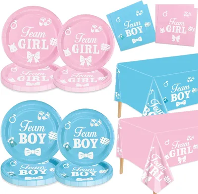 Produktbild von Gender Enthüllung Dekorationen, Set für 20 Gäste, 20 Teller, 20 Dessertteller, 2 Tischdecken