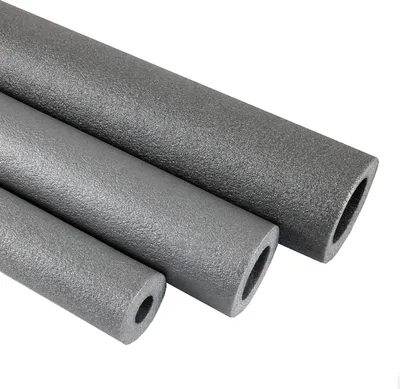 Three grey foam pipes of varying diameters are arranged diagonally against a white background.