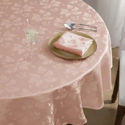 Zdjęcie produktu dla Okrągły obrus, 140 cm, różowy, z motywem kwiatów, wykonany z materiału damasowego, łatwy do czyszczenia, wodoodporny