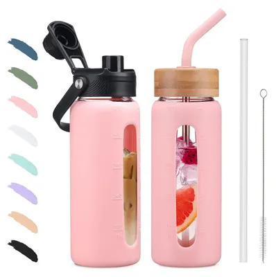 Image de Bouteille en verre de 600 ml avec paille et 2 bouchons