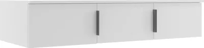 A white cabinet with three doors and dark gray handles, presented against a white background.