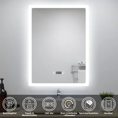 Produktbild von AICA LED Badspiegel 60x80cm Touch/Wandschalter Wandspiegel mit Uhr Beschlagfrei 3 Lichtfarbe Dimmbar Memory-Funktion IP44