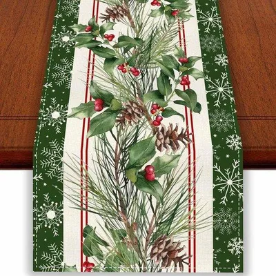 Productafbeelding van Kersttafelkleed, rode bloemen, dennenappels, 33x183 cm, winterdecoratie