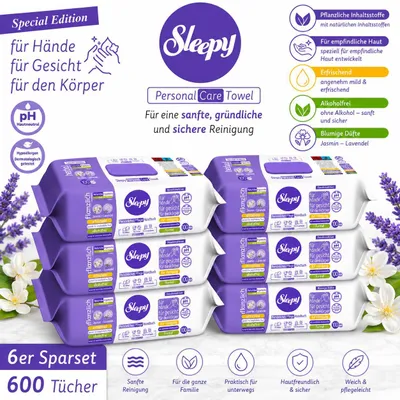 Produktbild von Sleepy Easy Clean Sensitive Feuchttücher Jasmin - Lavendel 6x100 Tücher – für Babys, Kinder & Erwachsene – alkoholfrei, pH-hautneutral, hypoallergen, sanfte Reinigung für Hände, Gesicht & Körper