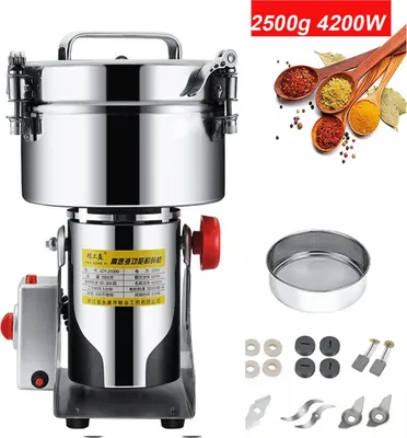 Produktbild von 2500g 4200W Obilný mlýn Elektrický vysokorychlostní mlýn z nerezové oceli na obilí pro mletí kamenů na bylinky/koření/ořechy/obiloviny s ochranou proti přetížení