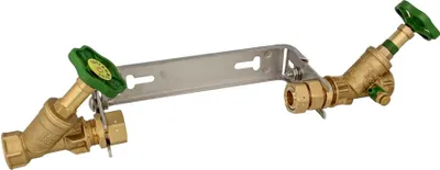 A product shot of a brass plumbing fixture with green handles, mounted on a metal bracket.