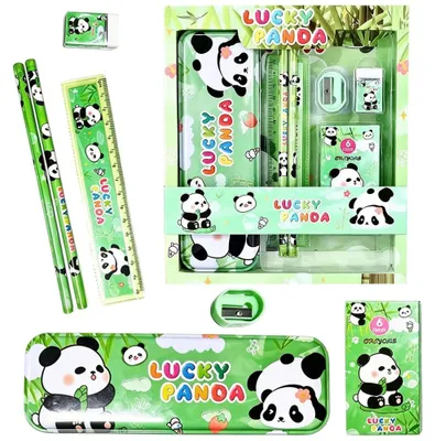 Produktbild von Schreibset 7-teilig mit Pandamotiv, Etui, Lineal, Bleistift, Notizbuch, Radiergummi, Spitzer für Schule