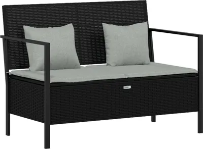 A black poly rattan garden bench with gray cushions and a storage compartment.