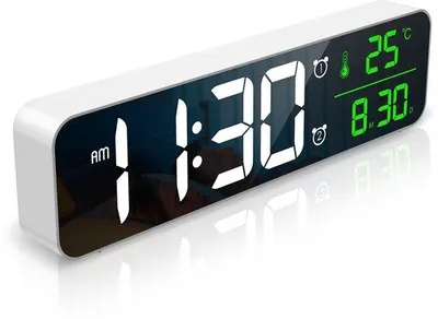 Produktbild von Digitale LED Wanduhr, 10,5 Zoll LED Wanduhr mit Datum/Temperatur, Celsius/Fahrenheit, Tagesgedächtnis, 2 Weckfunktionen, Ton/Volumen/5 stufen Regulierbare Helligkeit, 1,5m USB Kabel (ohne Adapter), Weiß