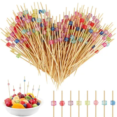 Immagine prodotto di Spiedini per cocktail, confezione da 200 pezzi, lunghezza 12 cm, in legno con quadrati di cristallo, ideali per finger food e bevande