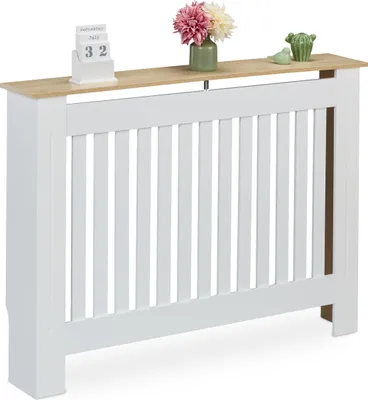 Zdjęcie produktu dla Osłona grzejnika Relaxdays, żaluzjowa, HBT 83x112x19 cm, do starych grzejników, osłona grzejnika z półką, MDF, biała