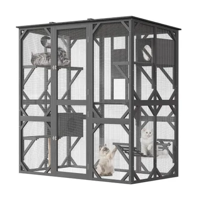 Produktbild von Katzenfreigehege Aus Holz Für Draußen Mit 2 Ruhehäusern Begehbares Holzhaus Mit Dach